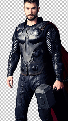 Chris Hemsworth Thor uniform and holding Thor hammer PNG image