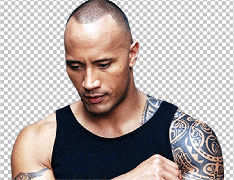 Dwayne Johnson looking down and wearing black vest PNG