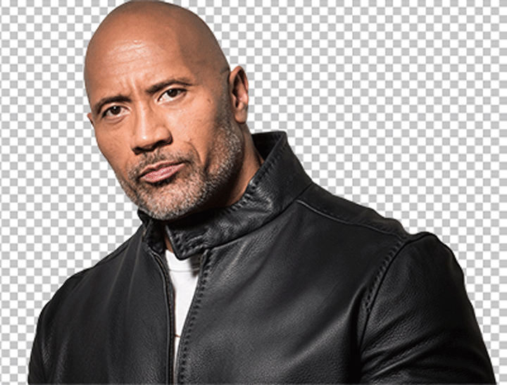 Dwayne Johnson is wearing black leather jacket and white t-shirt PNG image