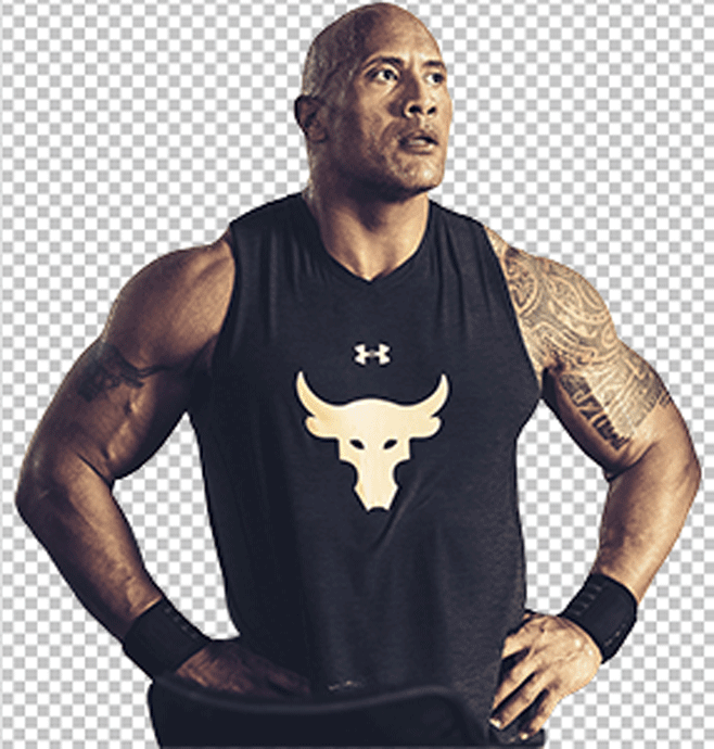 Dwayne Johnson looking and wearing black vest, putting his hand in his waist PNG