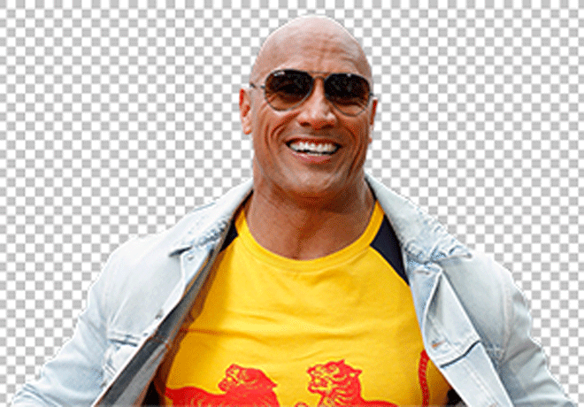 Dwayne Johnson laughing and wearing sunglasses and yellow t-shirt PNG image