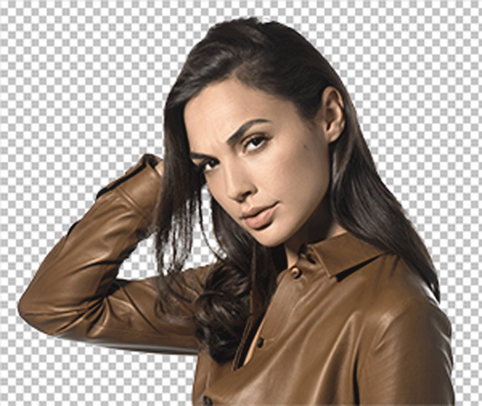 Gal Gadot wearing a beautiful brown leather jacket and hand on her head png image.