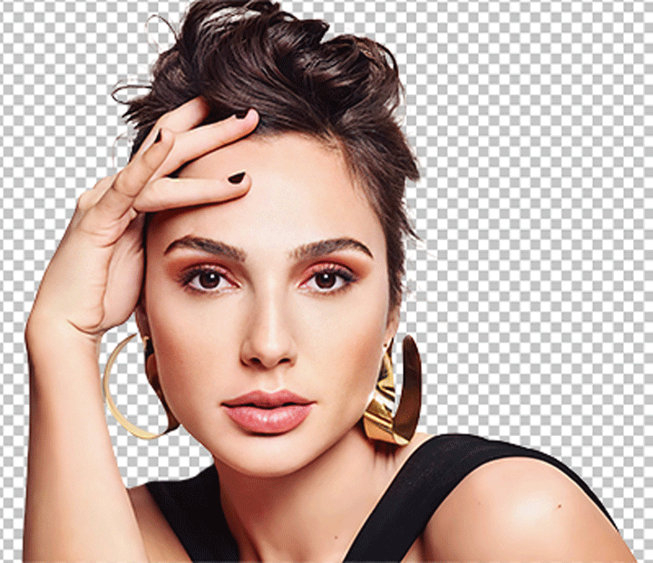 Gal Gadot looks stunning wearing a black dress and big earrings on her ear and putting her hand on the head png image