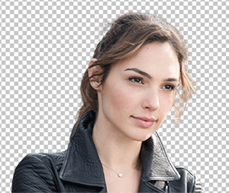 Gal Gadot looks stunning wearing a black leather jacket and necklace while smiling png image.