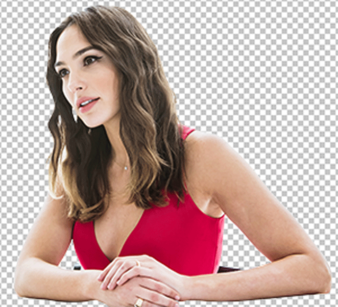 Gal Gadot wearing a sharp red dress while smiling and looking at the side png image.