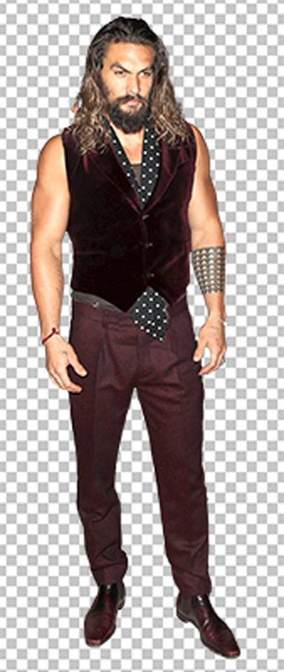 Jason Momoa with long golden hair and a long beard looks stunning in his stylish outfit png image.