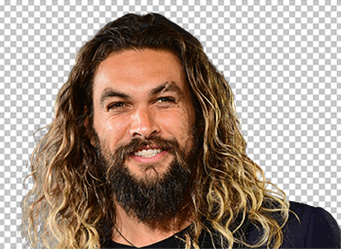 Jason Momoa with long hair and a long beard wearing a black dress looking in front and laughing of the camera png image.