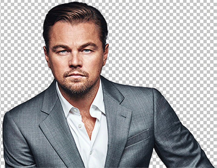 Leonardo DiCaprio wearing a grey suit and white shirt