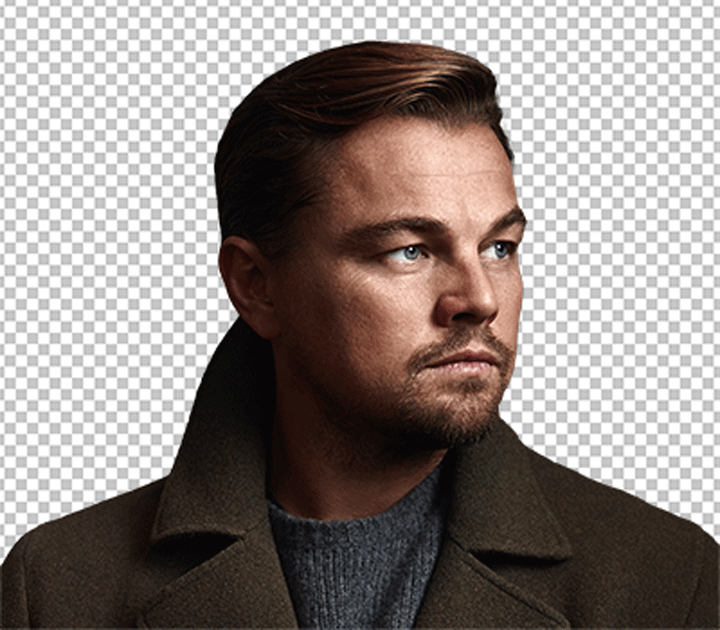 Leonardo DiCaprio looking to his right wearing a brown overcoat png image