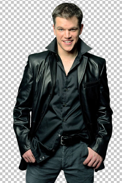 Matt Damon smiling while wearing a black leather jacket png image