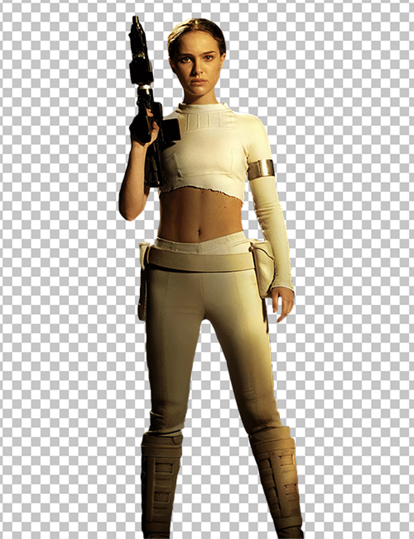 Natalie Portman in a white top and white pant holding a gun png image