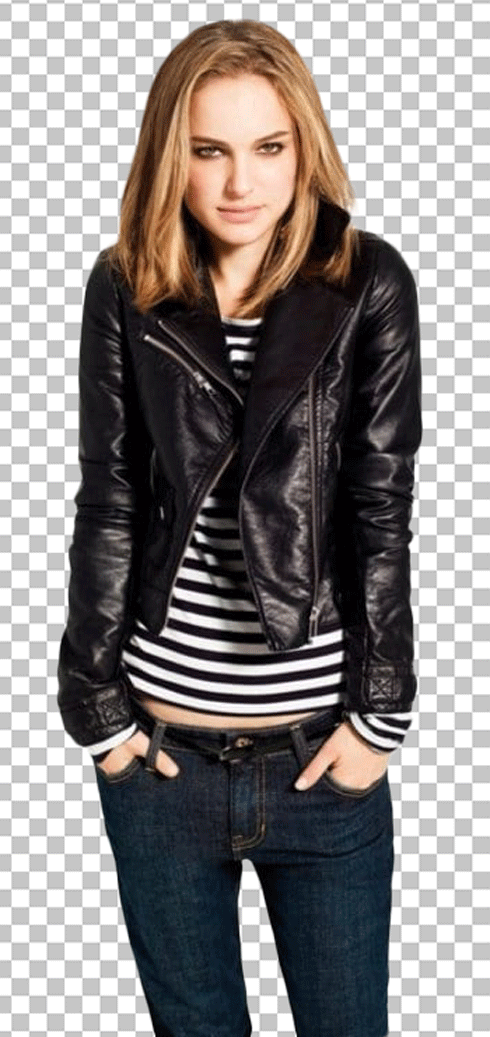 Natalie Portman wearing a black leather jacket while putting her hands in her pockets png image