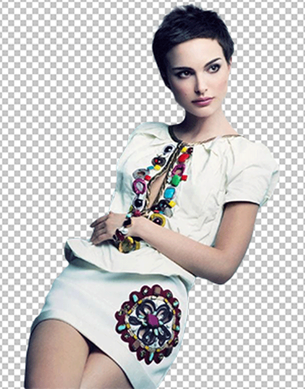 Natalie Portman with short hair and wearing a white skirt png image