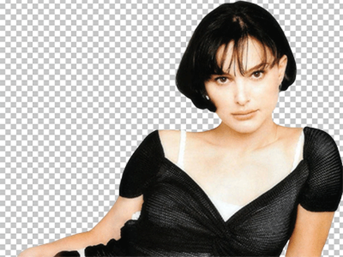 Natalie Portman sitting with short hair wearing a black top png image