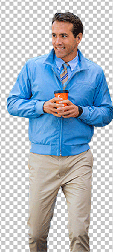 Ryan Reynolds walking wearing a blue jacket and golding a orange cup png image