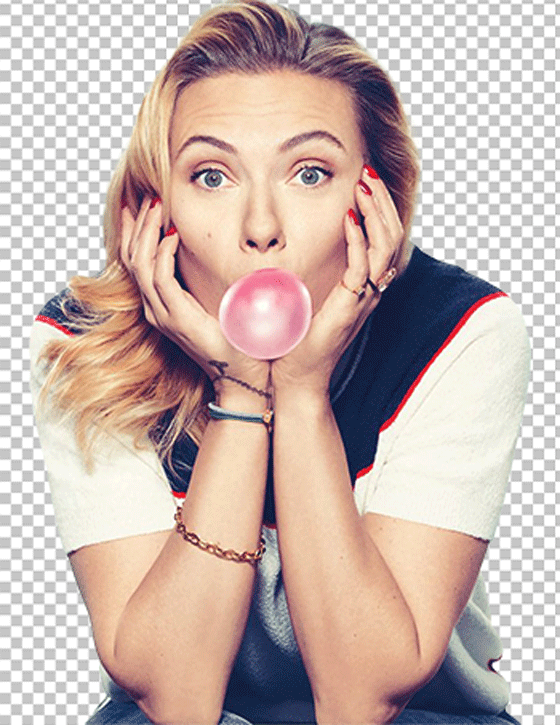 Scarlett Johansson blowing a pink bubblegum png image