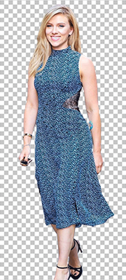 Scarlett Johansson walking wearing a blue dress png image