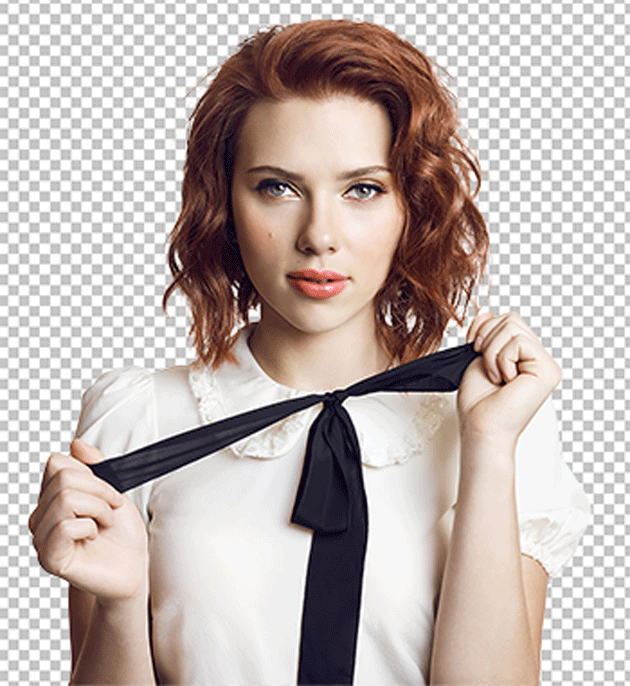 Scarlett Johansson holding a black ribbon wearing a white half shirt png image