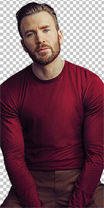 Chris Evans is sitting and wearing red t-shirt PNG image