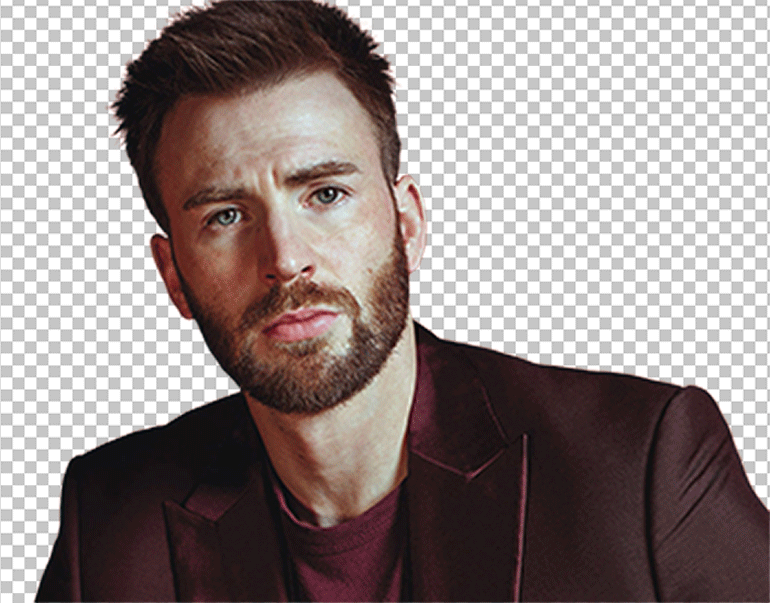 Chris Evans Serious face and wearing red suit PNG