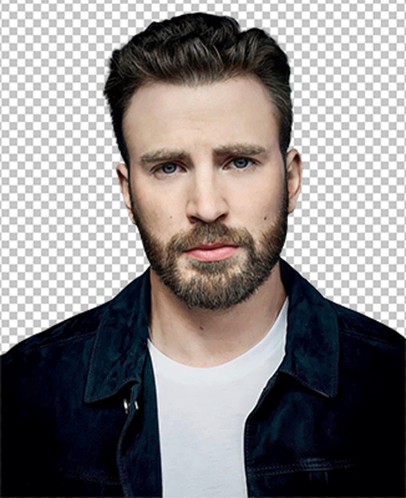 Chris Evans looking straight and wearing black shirt and white t-shirt PNG
