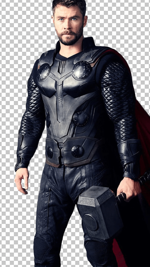 Thor standing in a black and red costume, with a large hammer in his hand png image