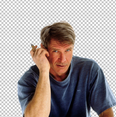 Harrison ford sitting holding a cigar in his right hand wearing a blue t-shirt png image