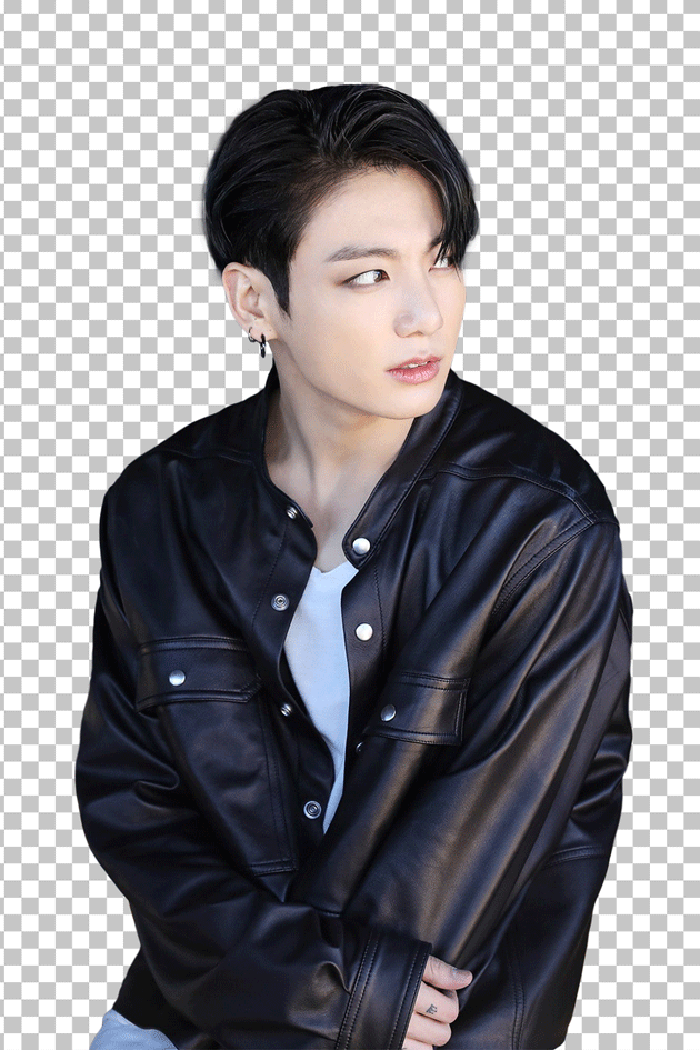 JungKook sitting wearing a black leather jacket png image