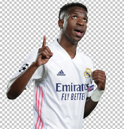 Vinicius jr looking up and showing real Madrid jersey logo png image