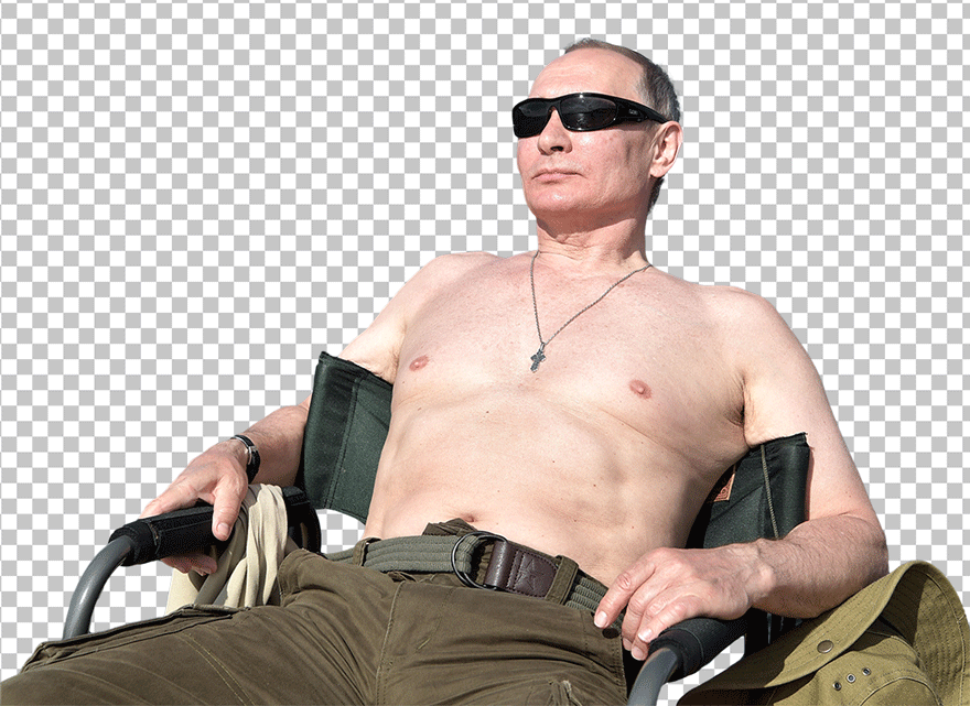 Vladimir Putin sitting shirtless wearing black sunglasses png image