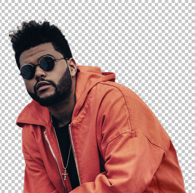 the weeknd sitting wearing sunglasses and a orange jacket png image