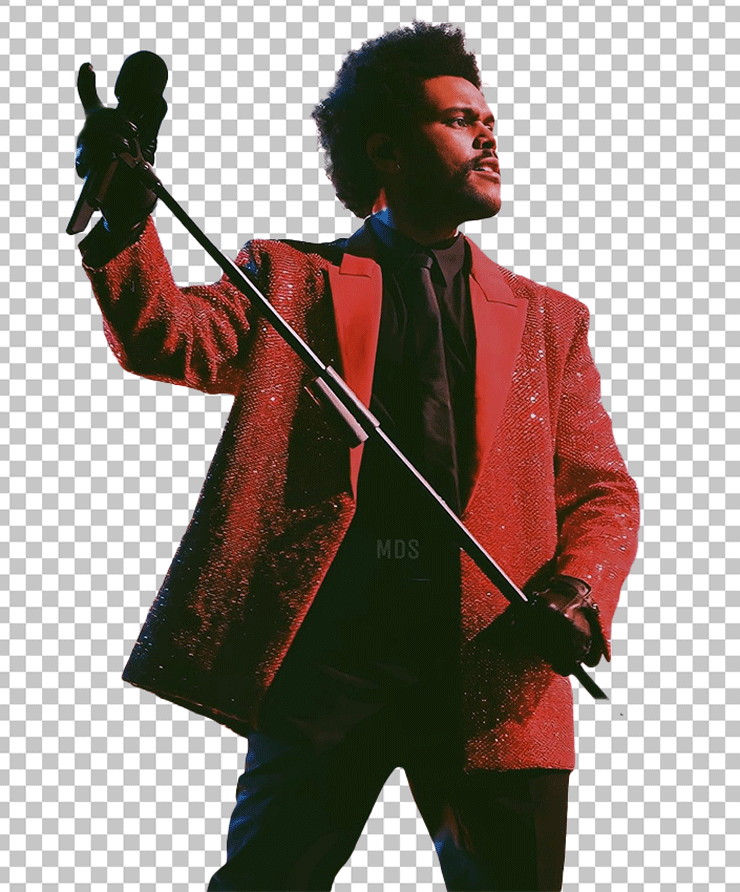 the weeknd singing holding a mike on his hand wearing a red suit png image