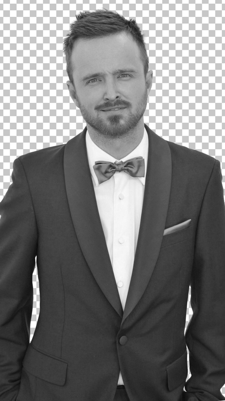 Aaron Paul Black and white, wearing a black tuxedo with a bow tie and a white shirt png image