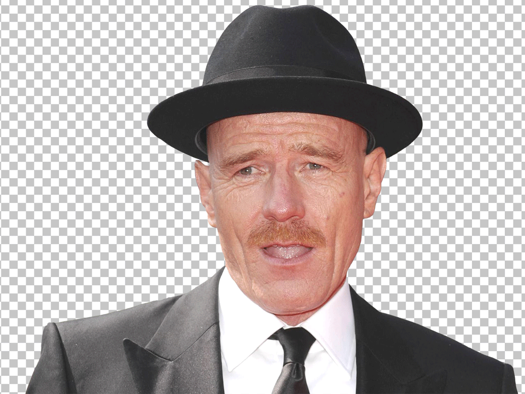 Bryan Cranston iswearing a black suit and a black hat with a white shirt and a black tie