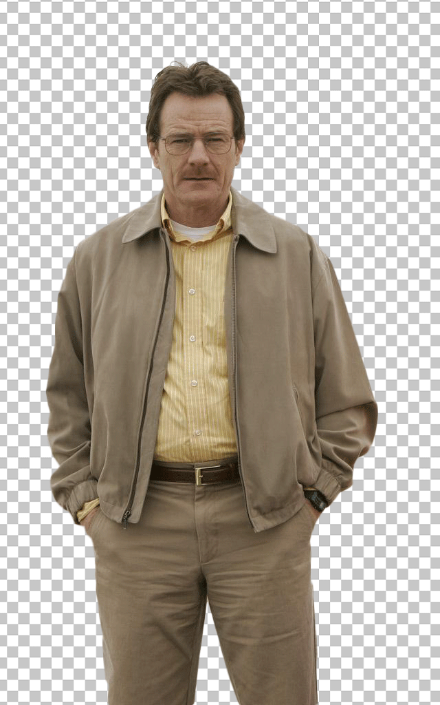 Bryan Cranston is standing with their feet shoulder-width apart and their hands in their pockets Png image.