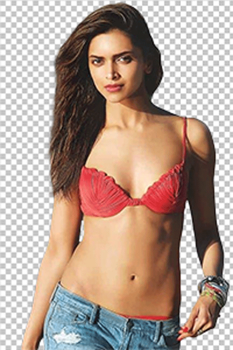 Deepika Padukone wearing a red bikini top and blue denim shorts png image