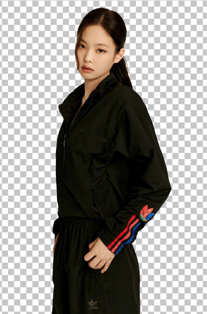 Jennie Kim in black jacket and tracksuit, standing png image