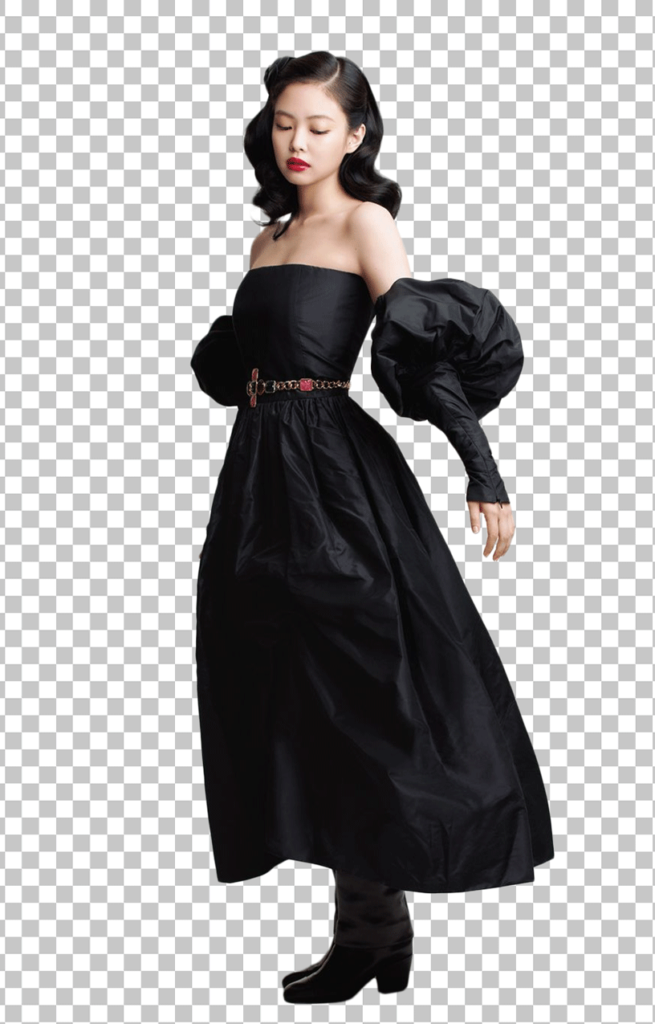 Jennie Kim in black dress with puffed sleeves and a belt at the waist png image