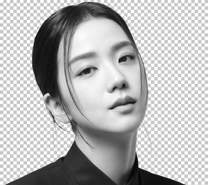 Jisoo black and white photo with black hair and a black shirt png image