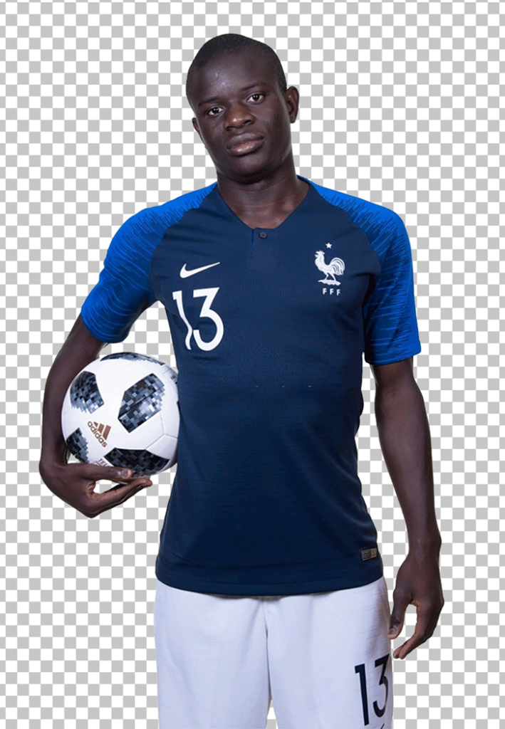 Kante holding a football and wearing France jersey