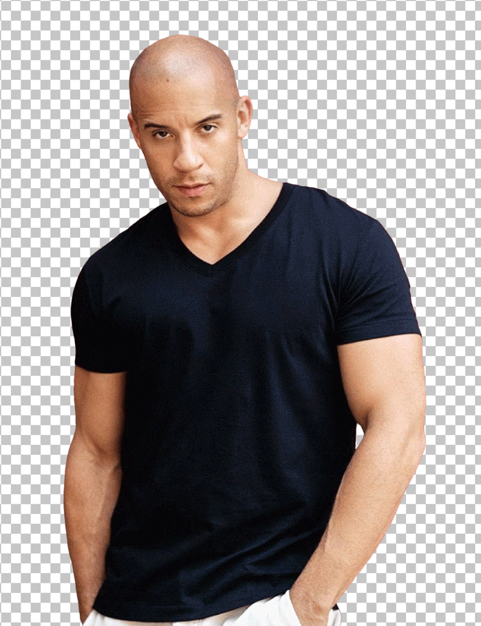 Vin diesel standing and looking at front, wearing black T-shirt