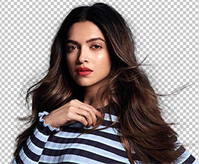 Deepika Padukone in red lipstick wearing in black and white T-shirt png image