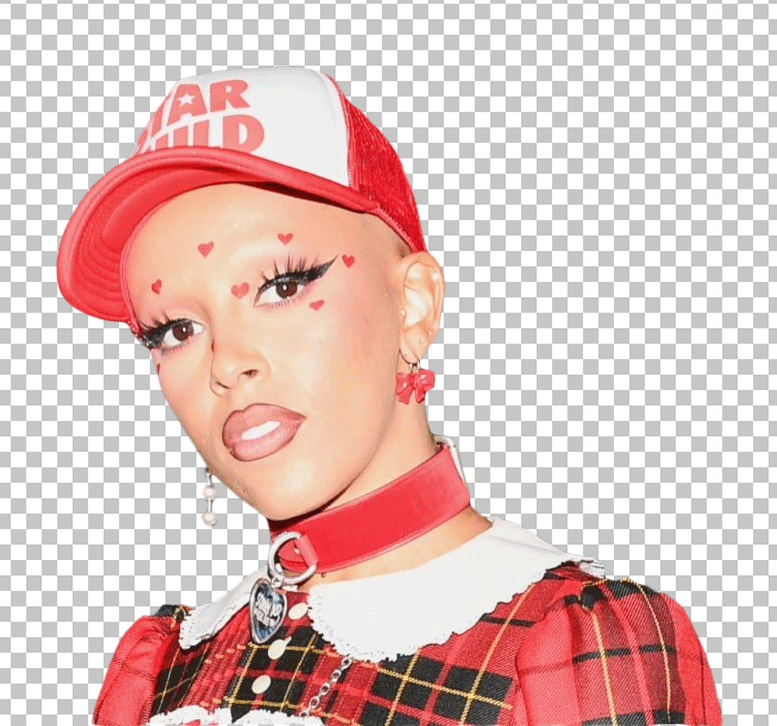 Doja cat wearing a red and white striped shirt, a red and white hat with a white bandana tied around her neck, and pink lipstick png image