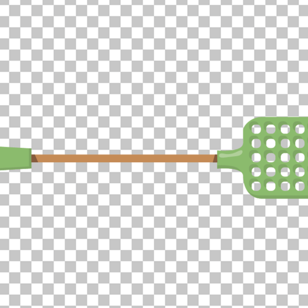 Cartoon green fly swatter with a wooden handle and a plastic blade