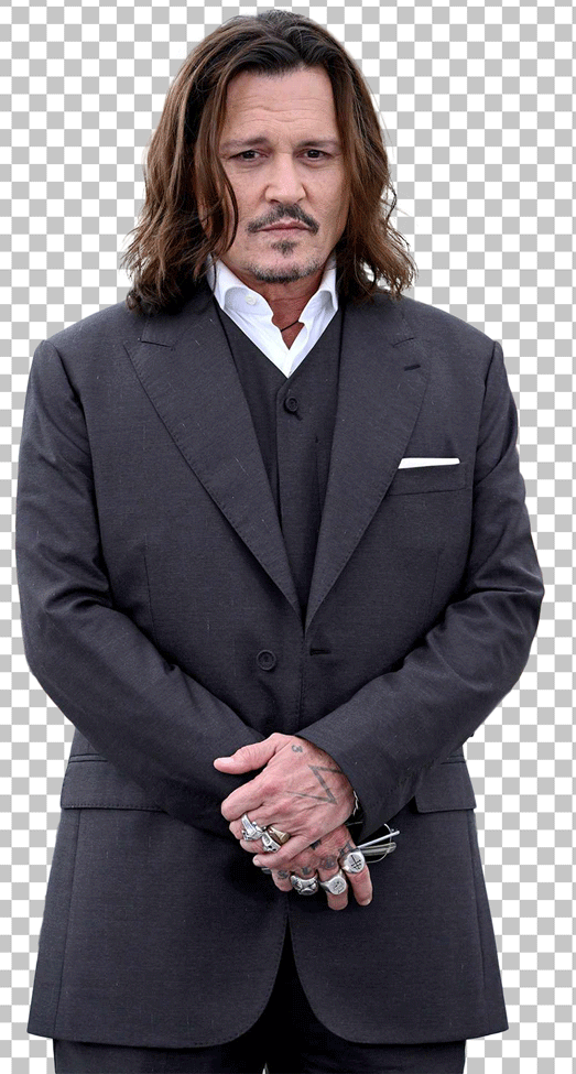 Johnny Depp with long wavy hair and wearing a black suit and white shirt png image