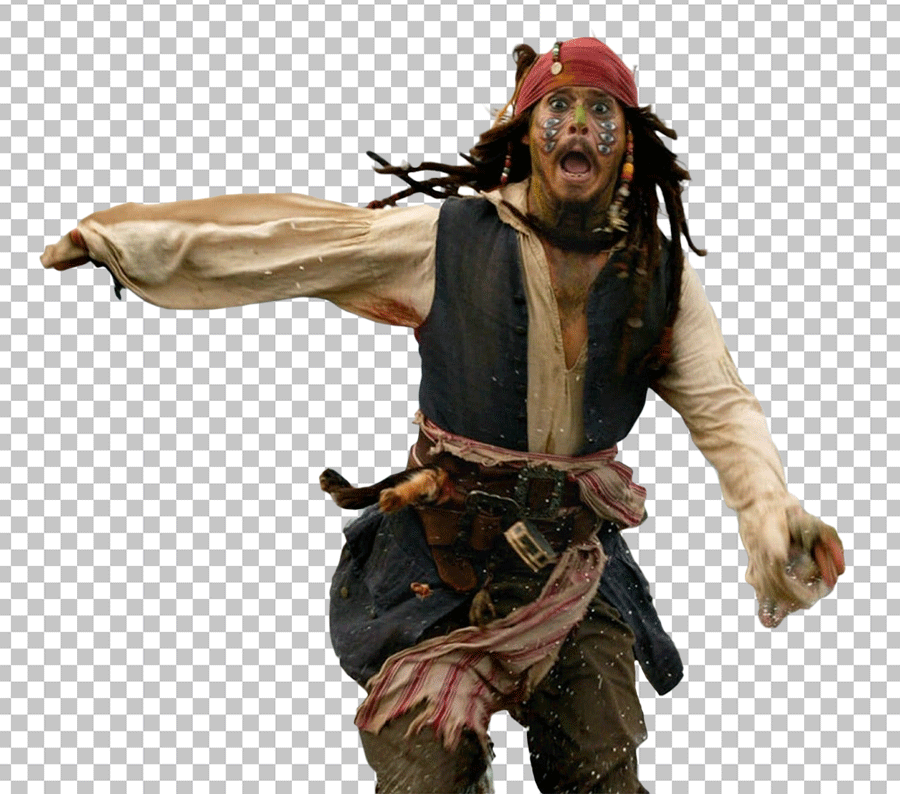 Johnny Depp running and wearing pirate outfit and holding a sword in his hand png image