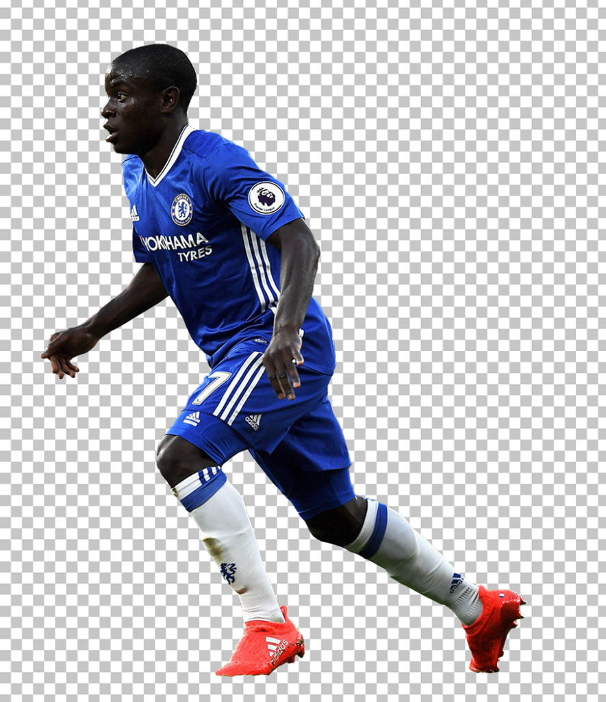 Kante running and wearing Chelsea jersey