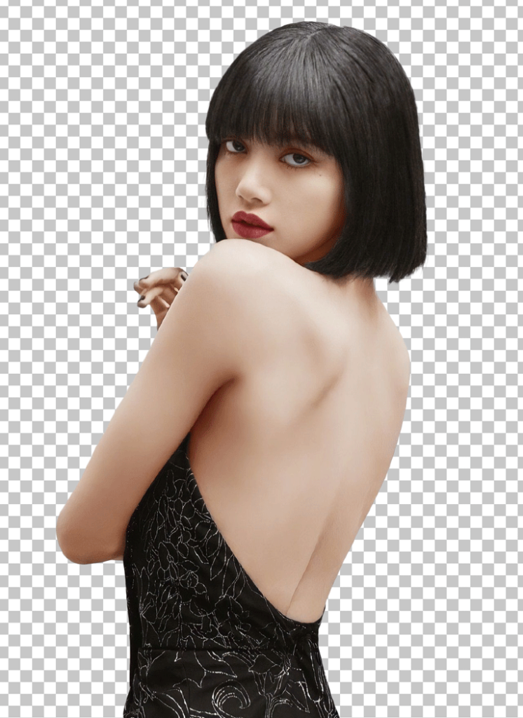 Lisa with short hair and a black dress, looking back png image