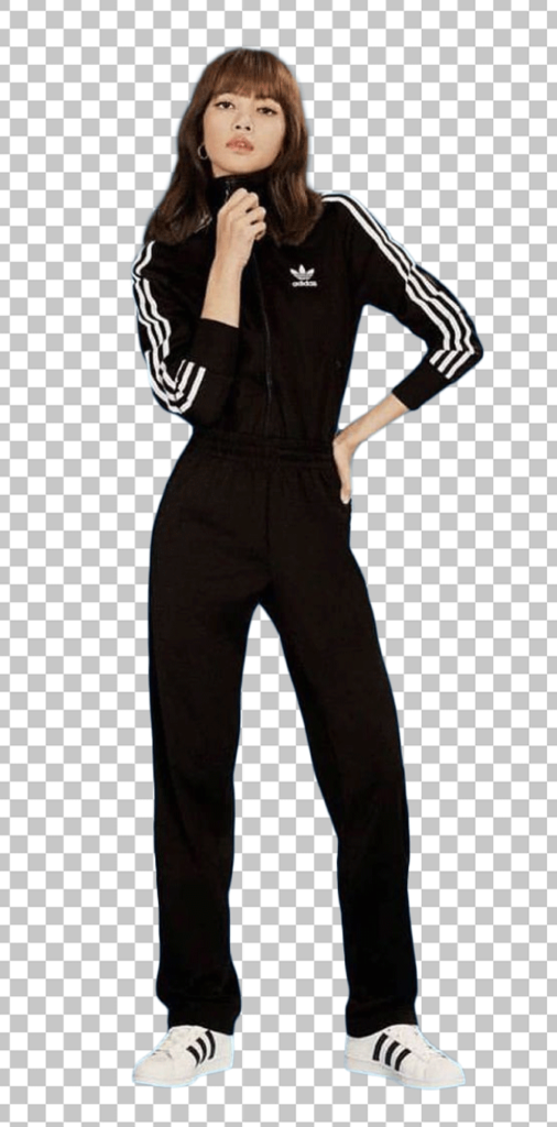Lisa is Standing in a black adidas tracksuit with white stripes png image