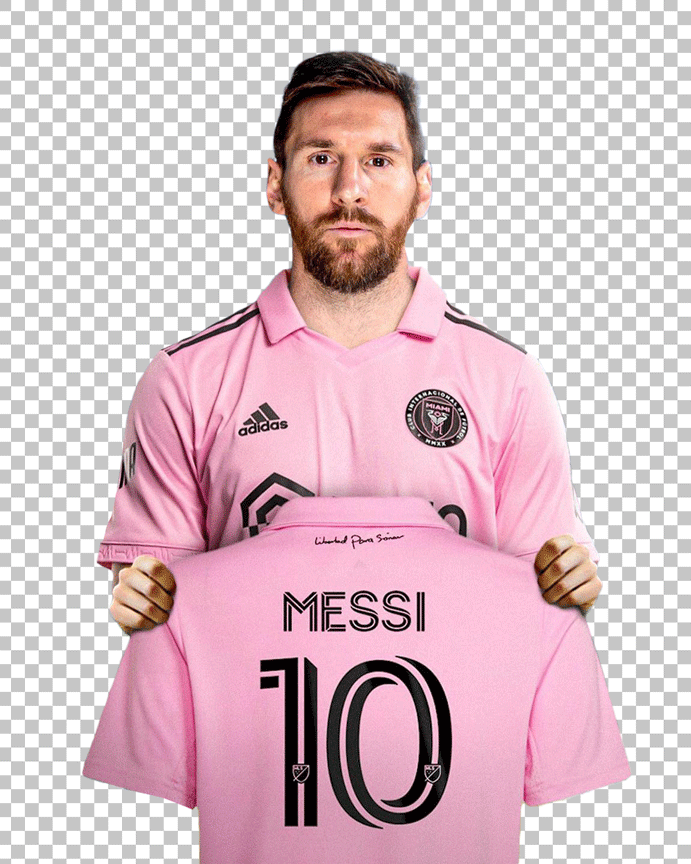Messi wearing Miami Jersey and holding his jersey png image.